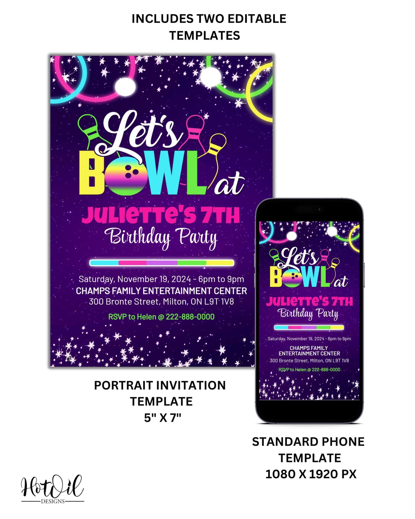 Bowling Theme Invitation, Kid's Birthday Invitation, Game Theme Invitation - Size 5x7, Editable Template