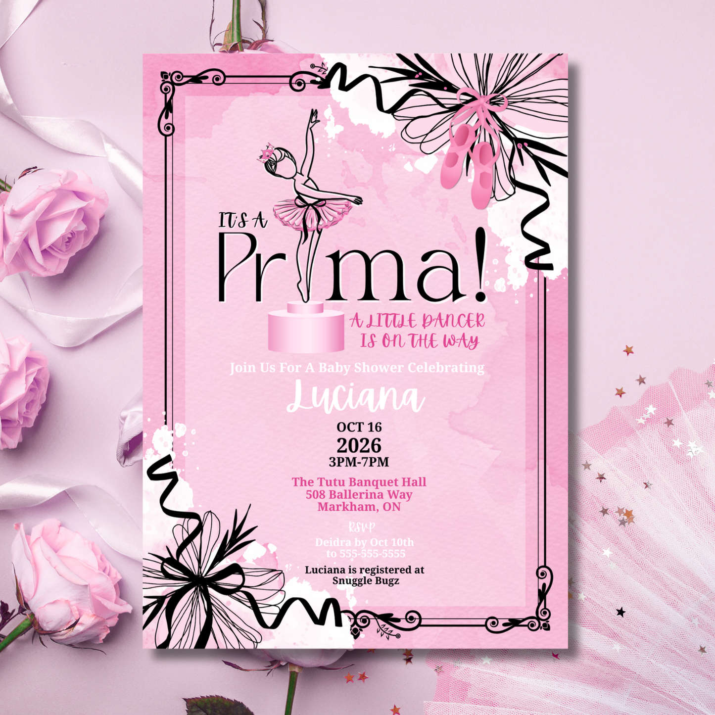 Ballerina Baby Shower Invitation Template | Editable Pink Ballet Theme Invite