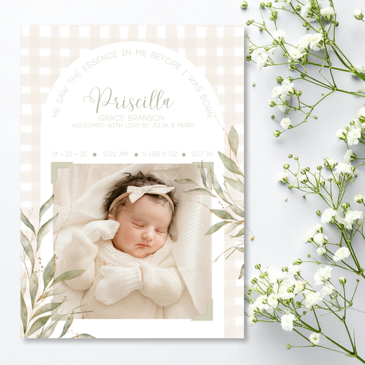 Religious Gingham Photo Birth Announcement Card