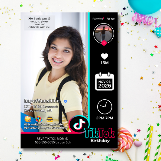 Tik Tok Theme Photo Birthday Invitation