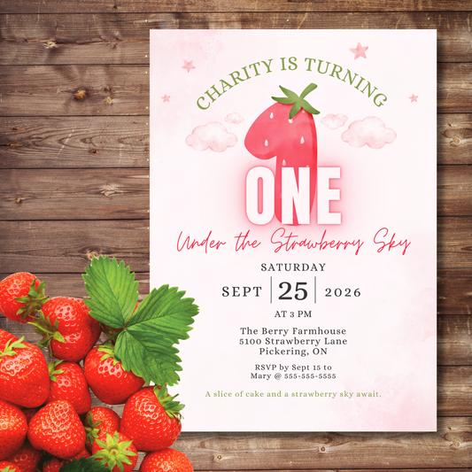 Under The Strawberry Sky Birthday Invitation