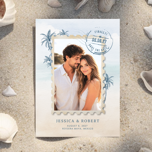 Modern Destination Travel Stamp Wedding Photo Save The Date Template