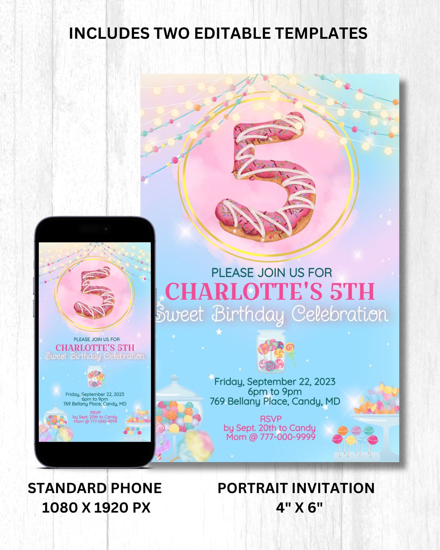 Candy Theme Editable Invitation - Size 4x6, Editable Template