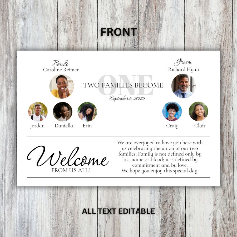 Blended Family Wedding Program Template, Welcome Card - Double-sided