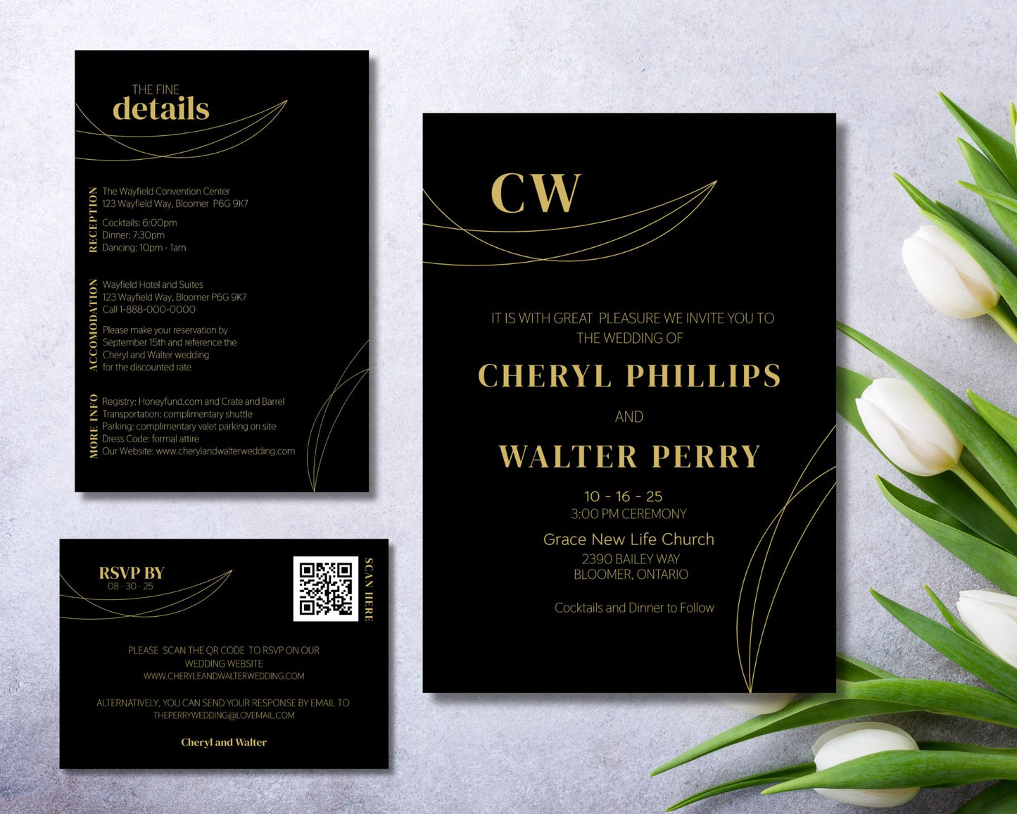 Modern Black and Gold Wedding Invitation Set, Wedding Invitation - Editable Template