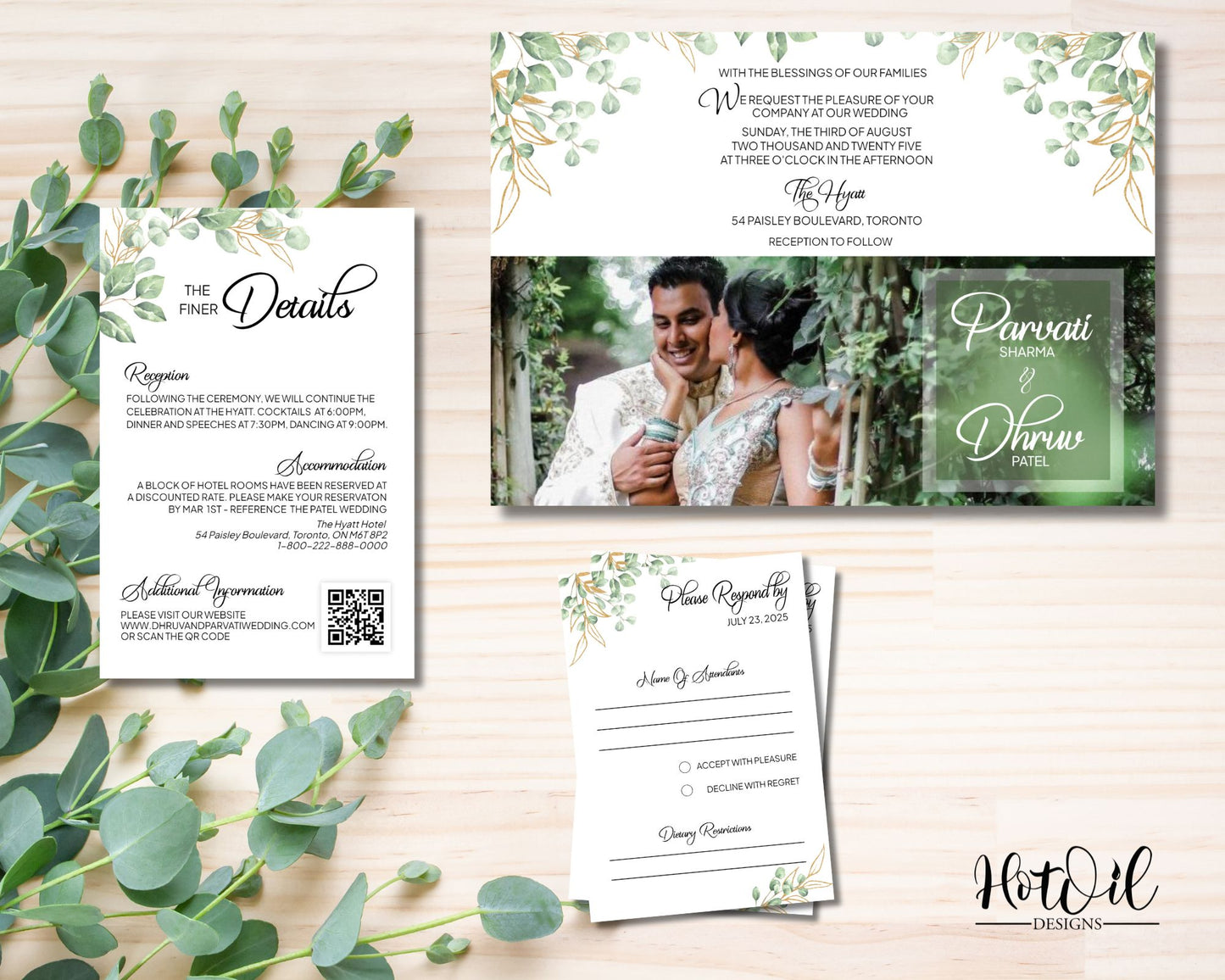 Eucalyptus Wedding Invitation Set, Wedding Invite, Detail Cards, RSVP Card - Editable Template