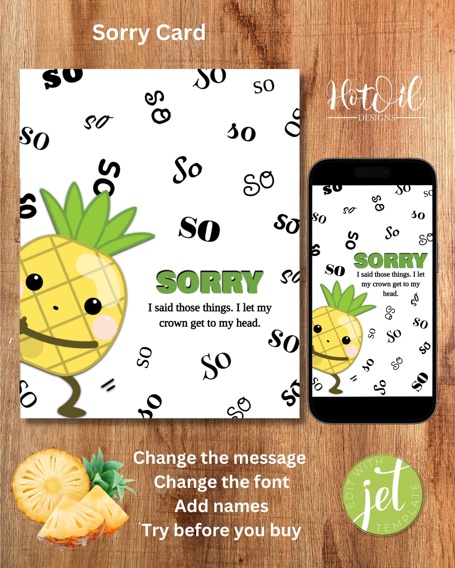 Pineapple Sorry Card, Apology Card - 2 Editable Templates