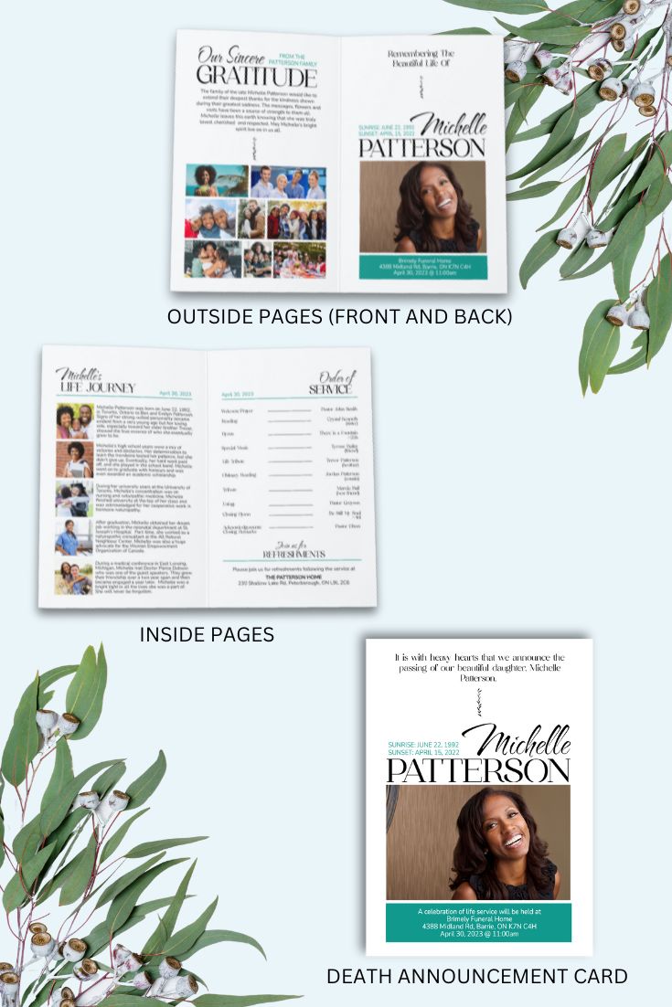 Folded Funeral Program Template, Death Announcement Card, Memorial Program - Editable Template