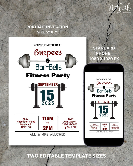 Burpees and Barbells Fitness Party Invitation - Editable Template