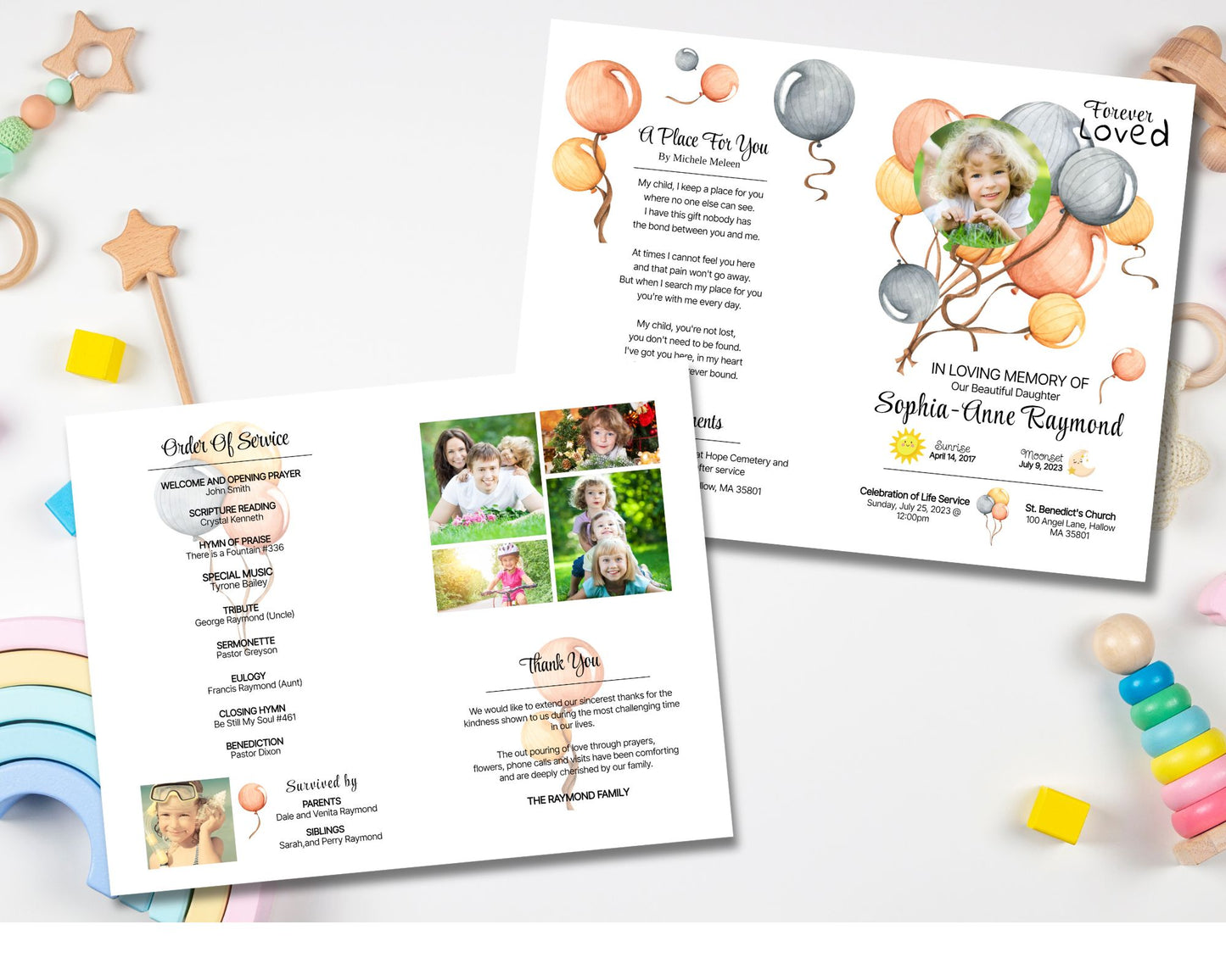 Kid's Balloon Funeral Program, Funeral Program, Memorial Program - Editable Template