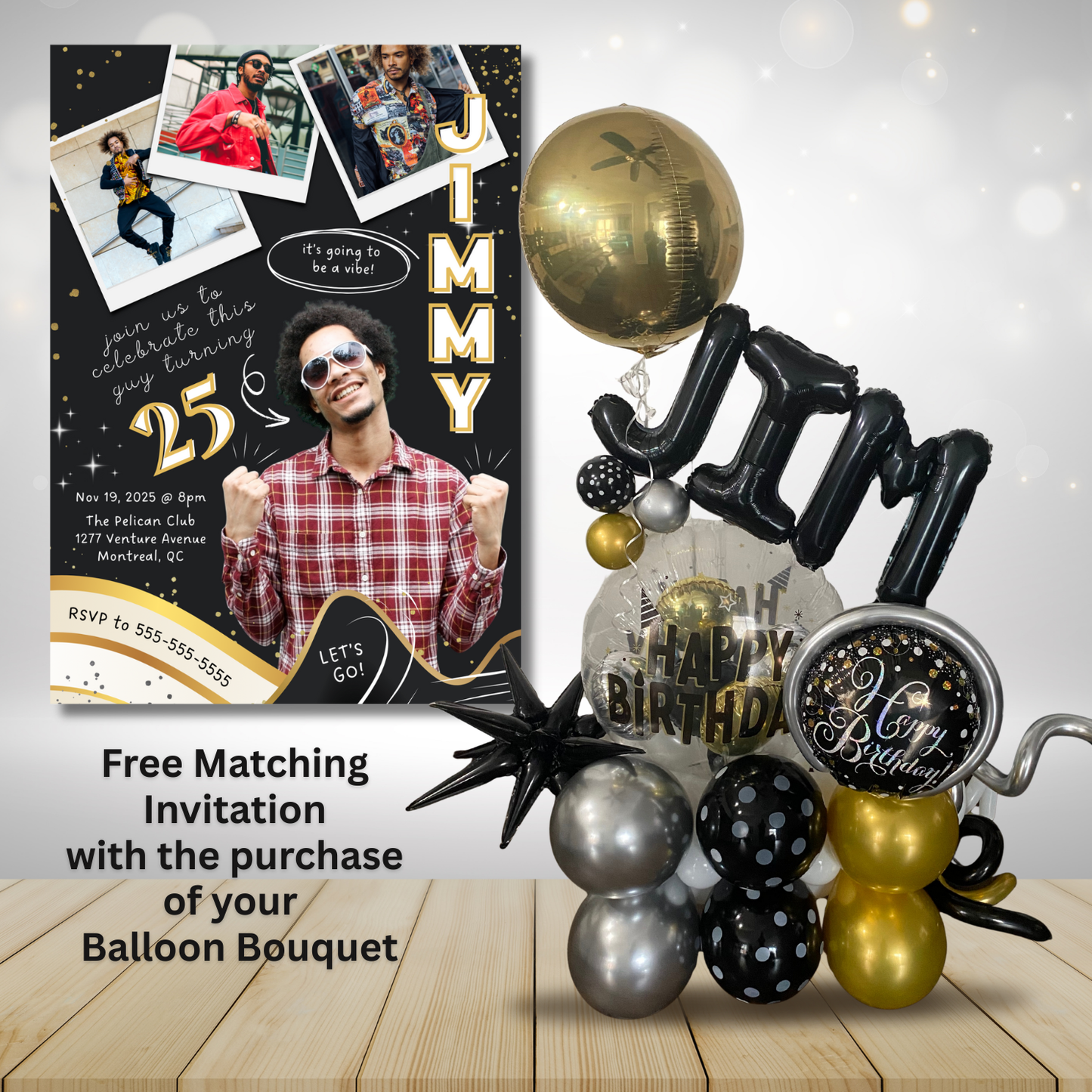 Gold and Black Birthday Balloon Bouquet