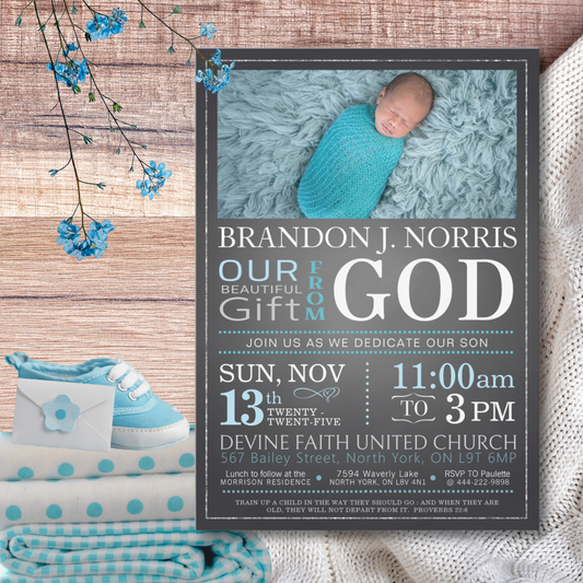 Blue Chalkboard Baby Dedication Invitation, Christening Invitation, Baby Blessing Invite  - Size 5x7, Editable Templates