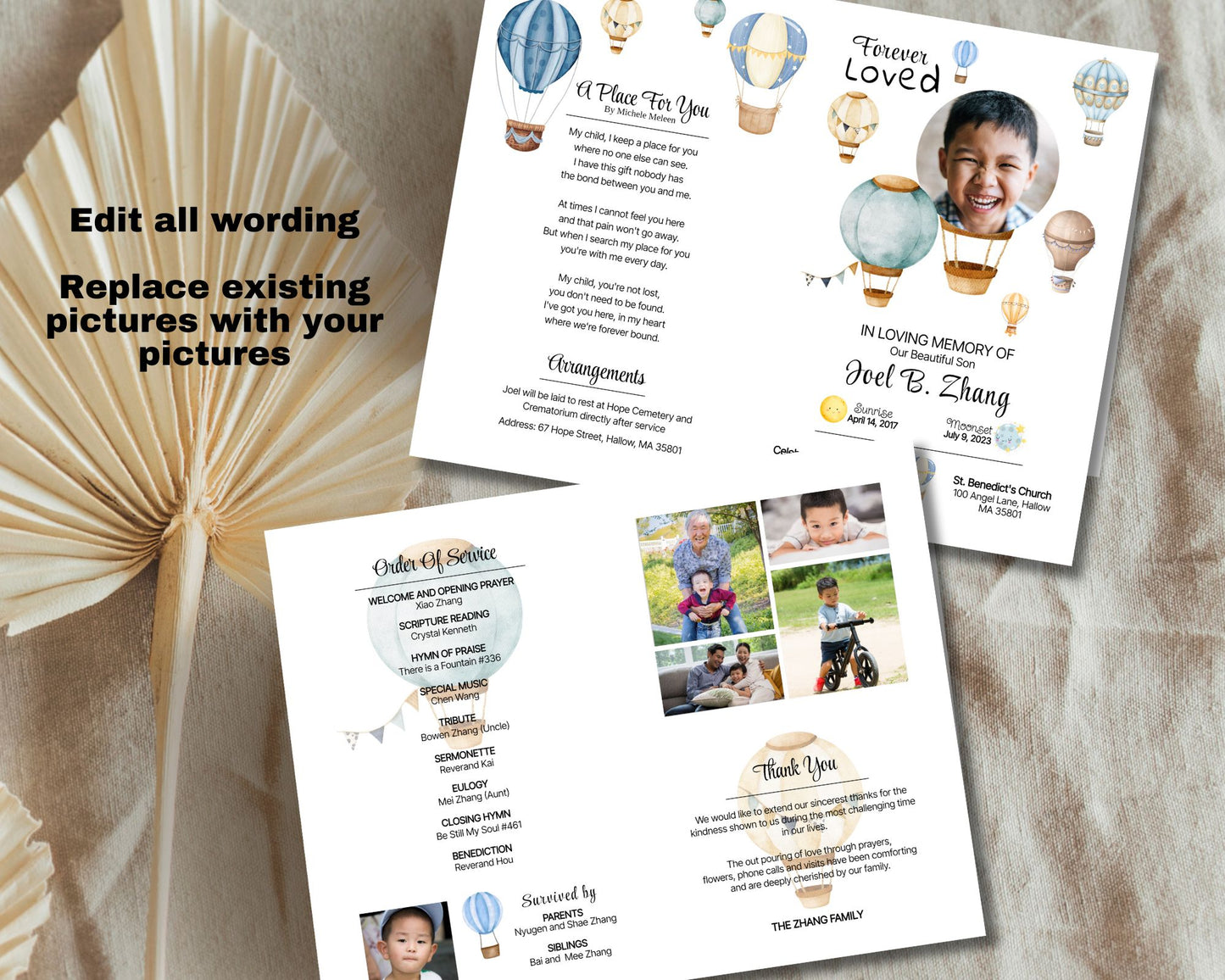 Kid's Hot Air Balloon Funeral Program, Funeral Program, Memorial Program - Double-Sided, Editable Template