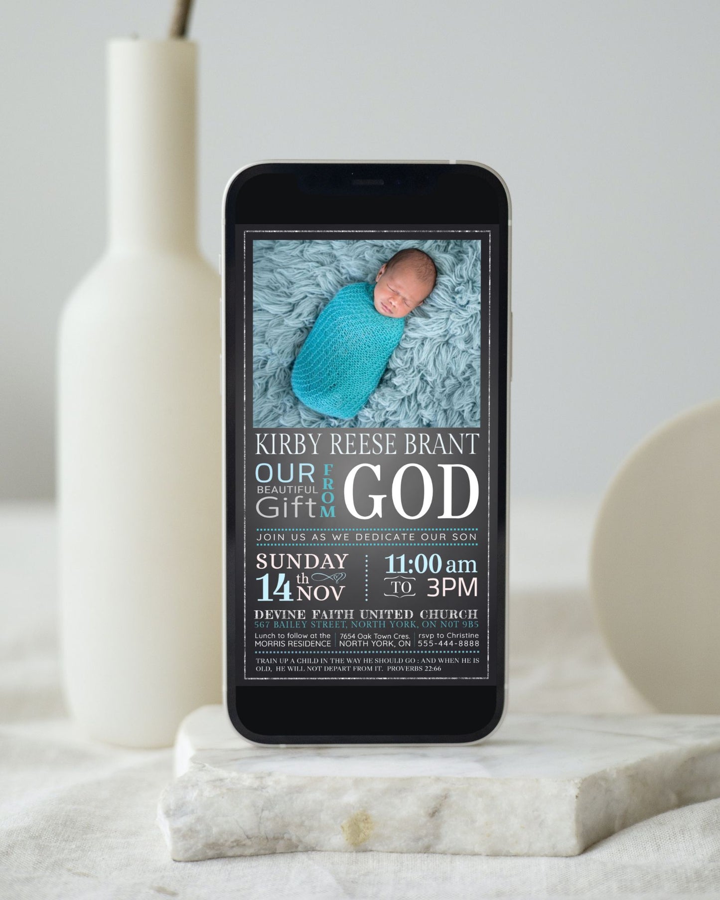 Baby Dedication Blue Invitation, Christening Invitation, Baby Blessing Invite  - Size 5x7, Editable Templates