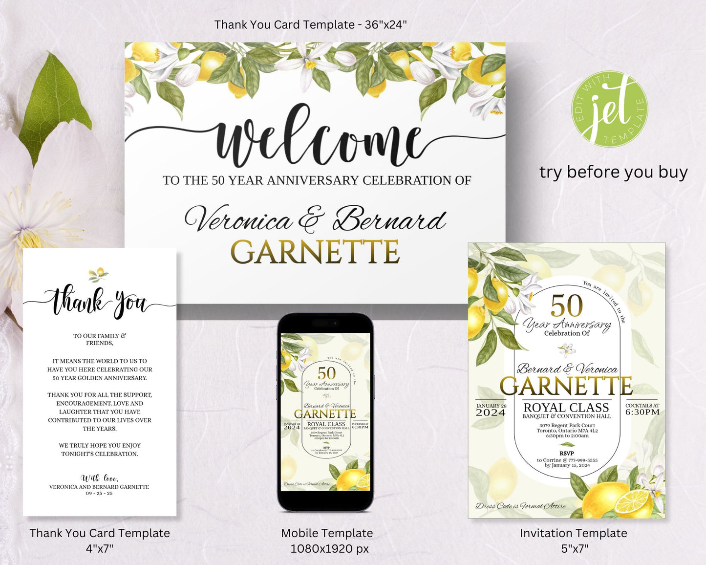 Anniversary, Wedding, Shower Editable Invitation - Lemon Theme, Size 5x7