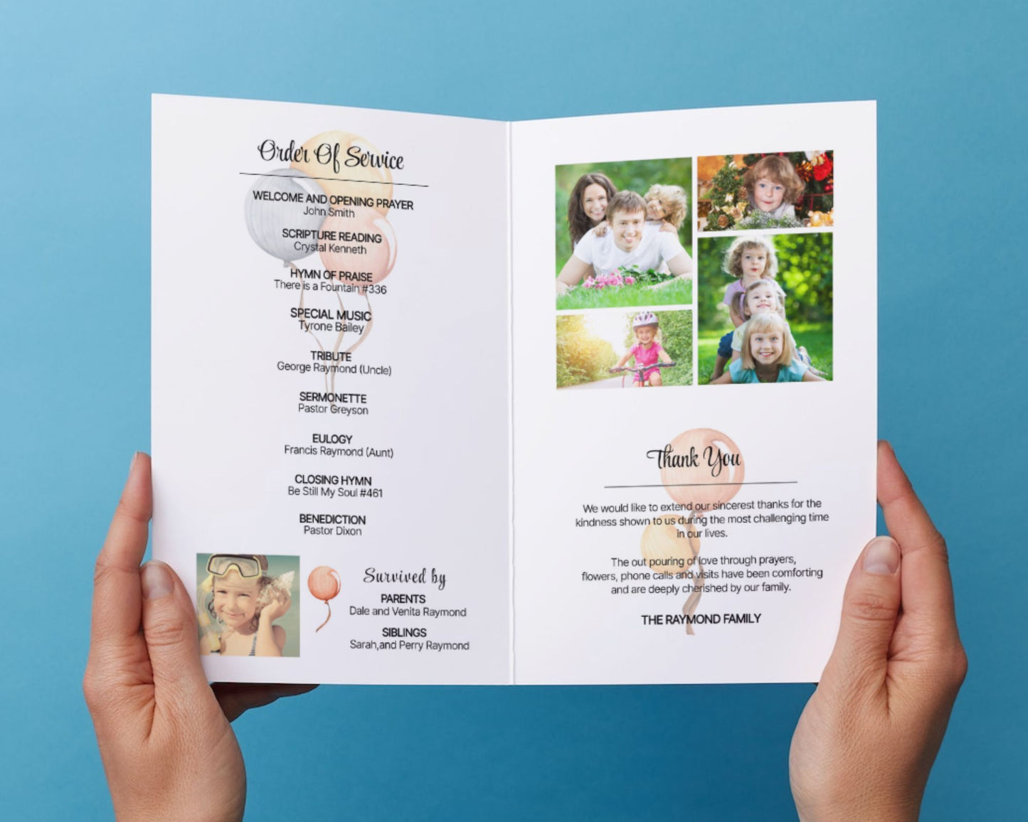 Kid's Balloon Funeral Program, Funeral Program, Memorial Program - Editable Template