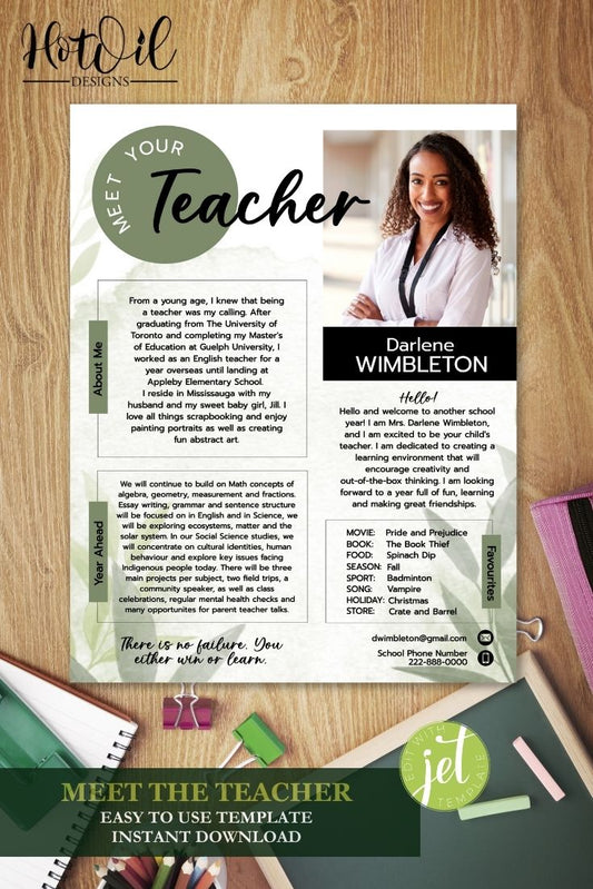 Botanical Meet The Teacher Template, Back To School Editable Template