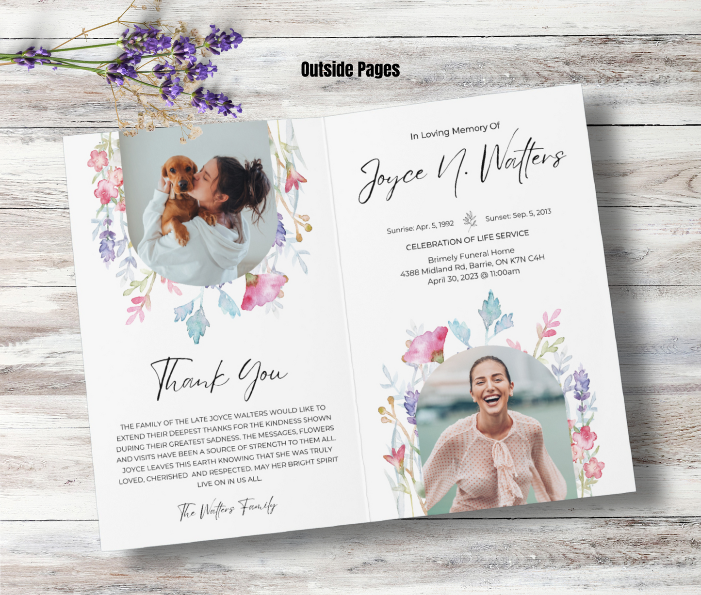 Wild Flowers Bi-Fold, Double-Sided Funeral Program and Death Announcement Card