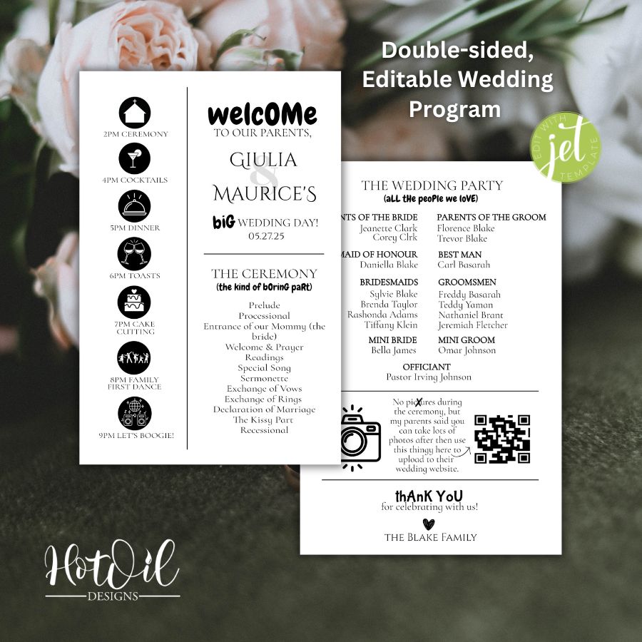 Fun Wedding Program, Family Wedding Program, Editable Template