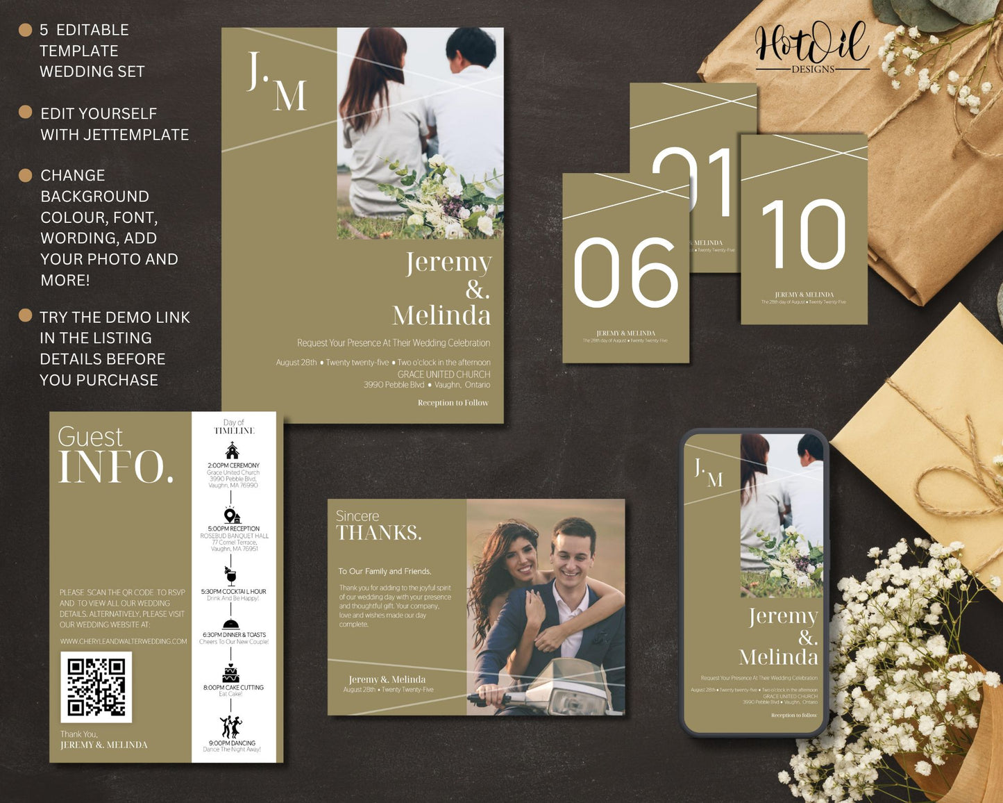 Editable Wedding Invitation Set, Modern Wedding Set, Photo Wedding Suite - 5 Editable Templates