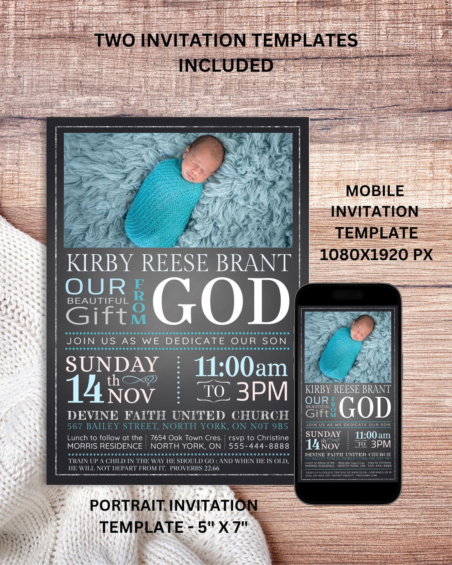 Baby Dedication Blue Invitation, Christening Invitation, Baby Blessing Invite  - Size 5x7, Editable Templates