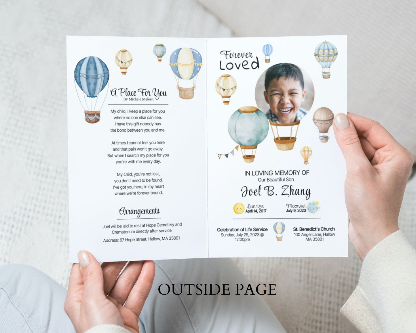 Kid's Hot Air Balloon Funeral Program, Funeral Program, Memorial Program - Double-Sided, Editable Template