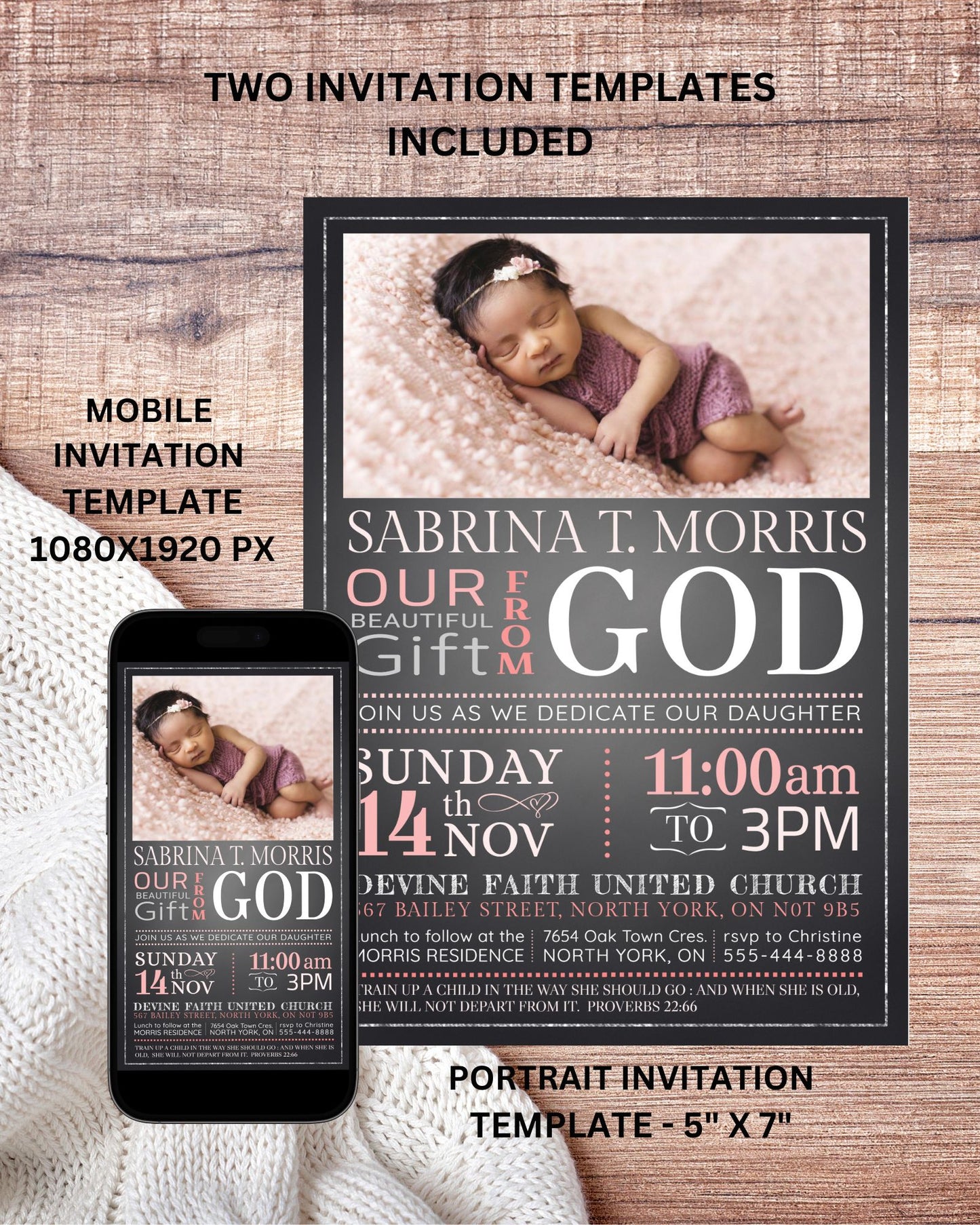 Baby Dedication Pink Invitation, Christening Invitation, Baby Blessing Invite  - Size 5x7, Editable Templates