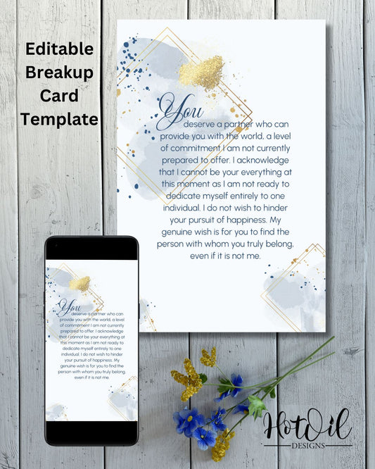 Blue and Gold Breakup Card Template, Relationship Cards