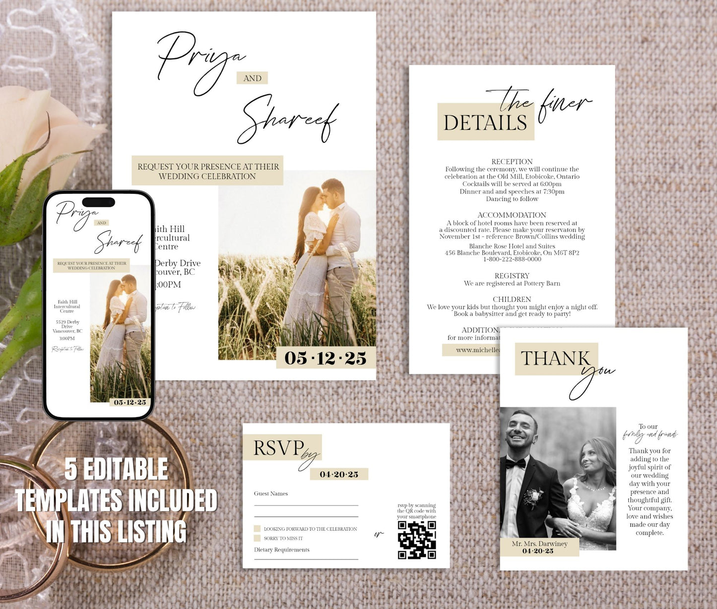 Modern Photo Wedding/Anniversary Set, Wedding Invitation Set - Editable Templates