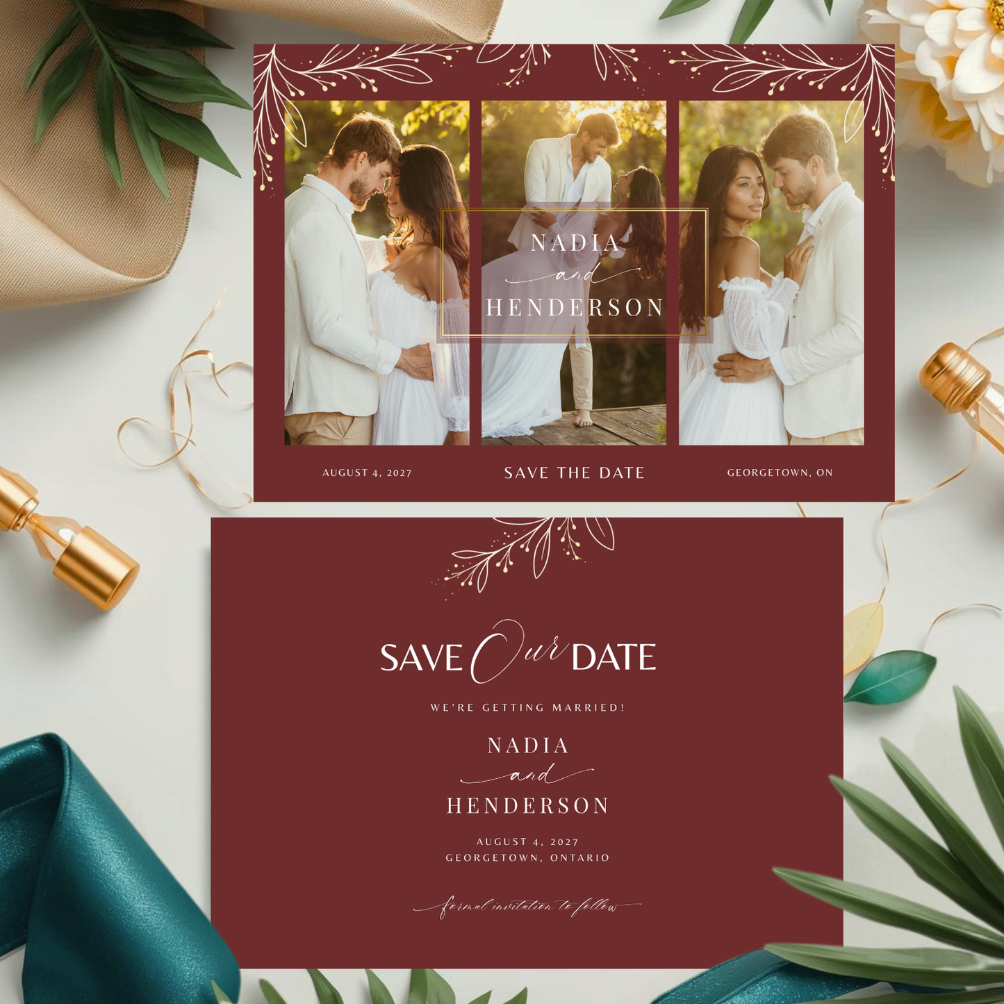 Burgundy Elegant 3 Photo Save The Date Card