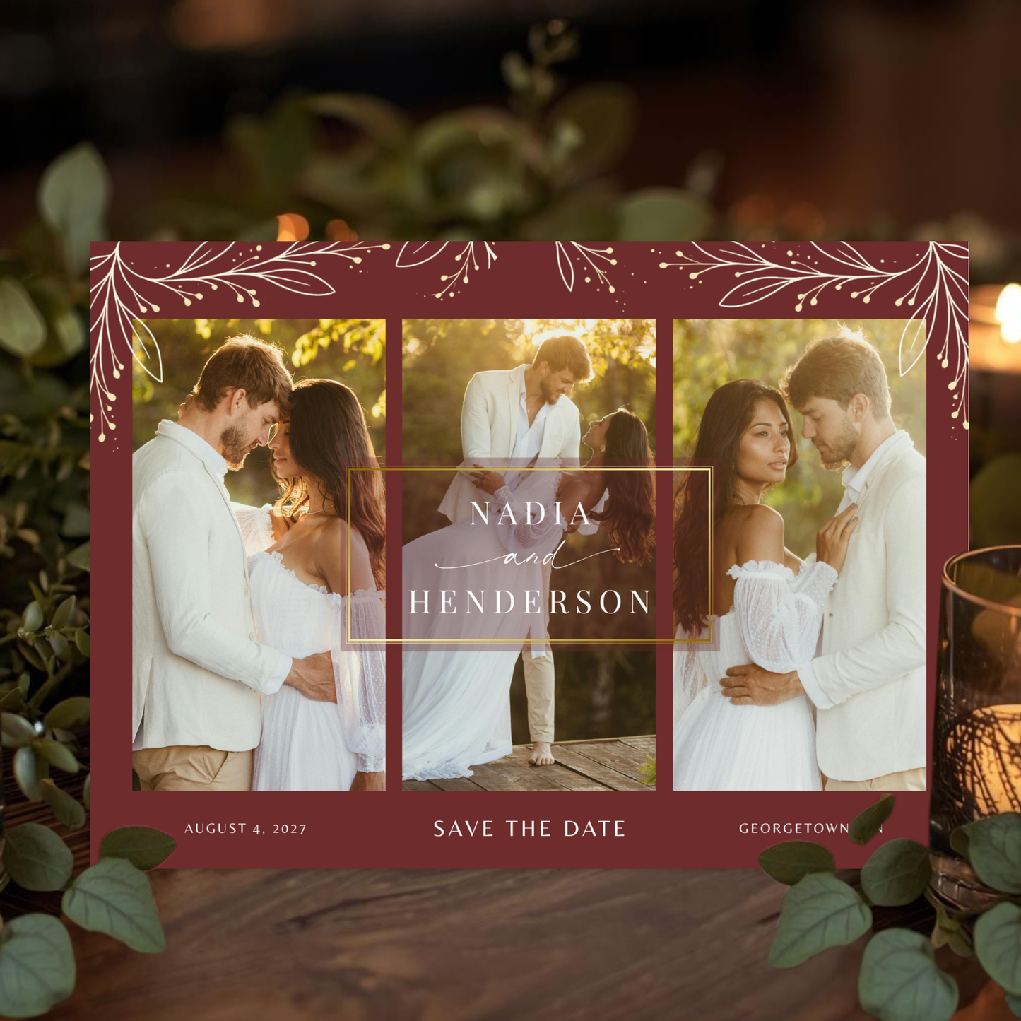 Burgundy Elegant 3 Photo Save The Date Card