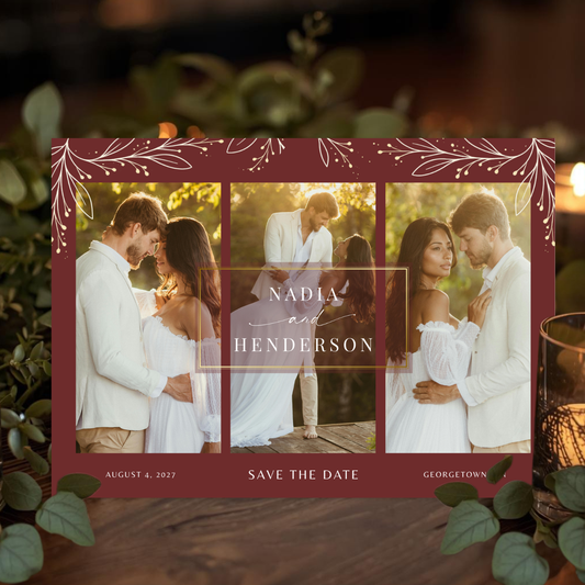 Burgundy Elegant 3 Photo Save The Date Card