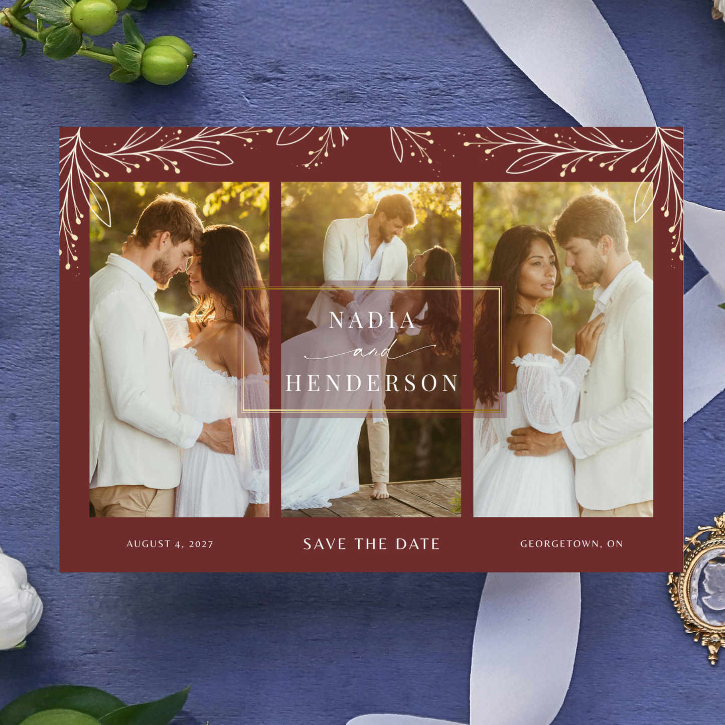 Burgundy Elegant 3 Photo Save The Date Card