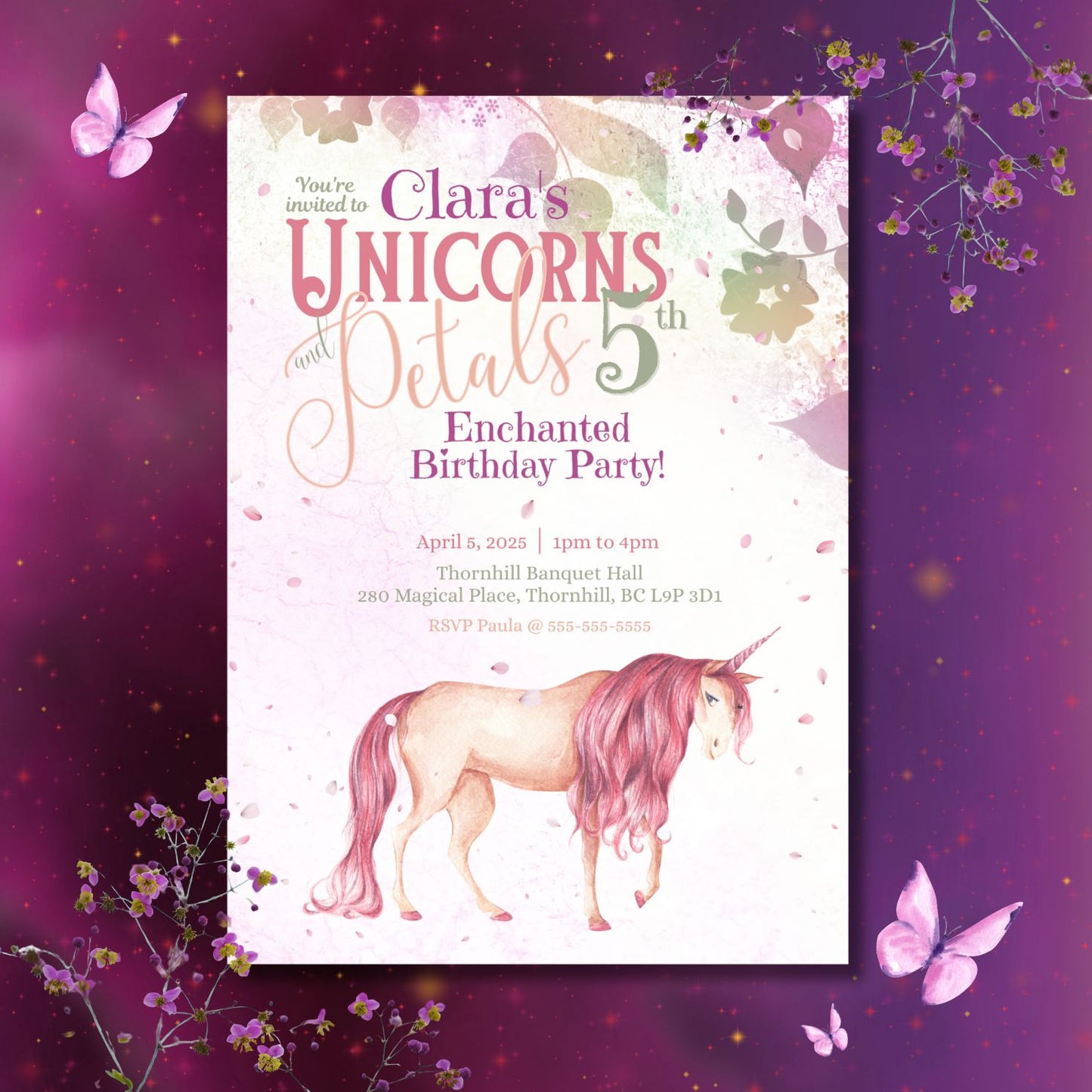 Unicorns and Petals Birthday Invitation