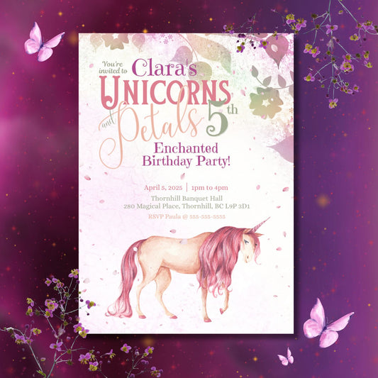 Unicorns and Petals Birthday Invitation