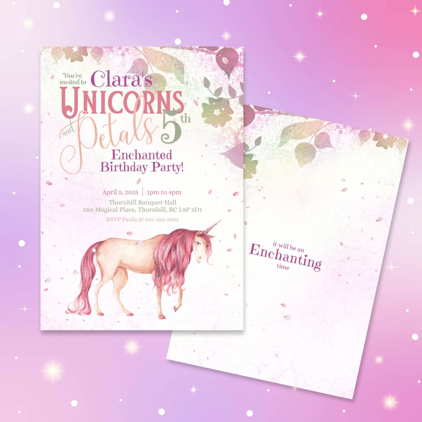 Unicorns and Petals Birthday Invitation