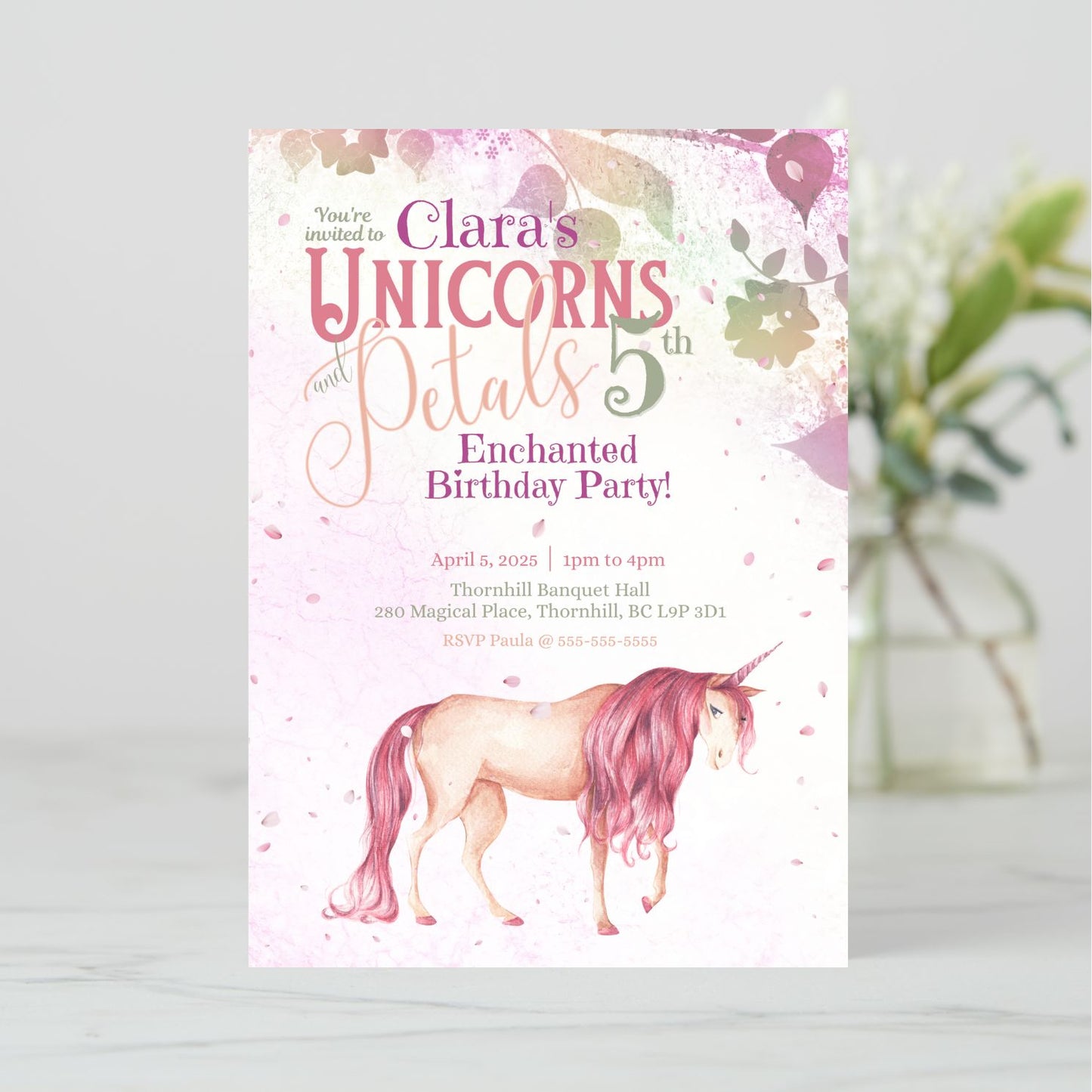 Unicorns and Petals Birthday Invitation