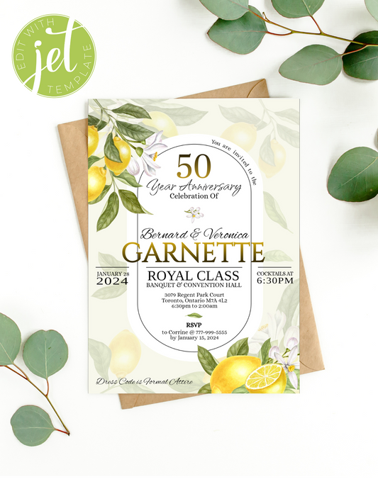 Anniversary, Wedding, Shower Editable Invitation - Lemon Theme, Size 5x7