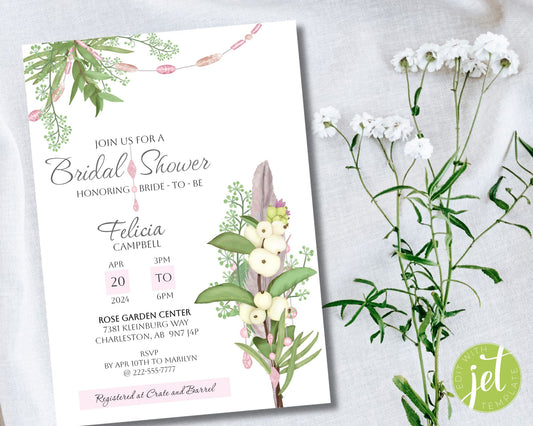 Boho Bridal Shower Invitation, Shower Invitation, Birthday Invitation  - Size 5x7, Editable Template