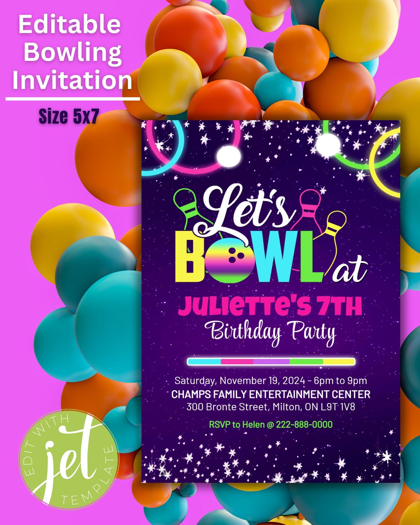 Bowling Theme Invitation, Kid's Birthday Invitation, Game Theme Invitation - Size 5x7, Editable Template