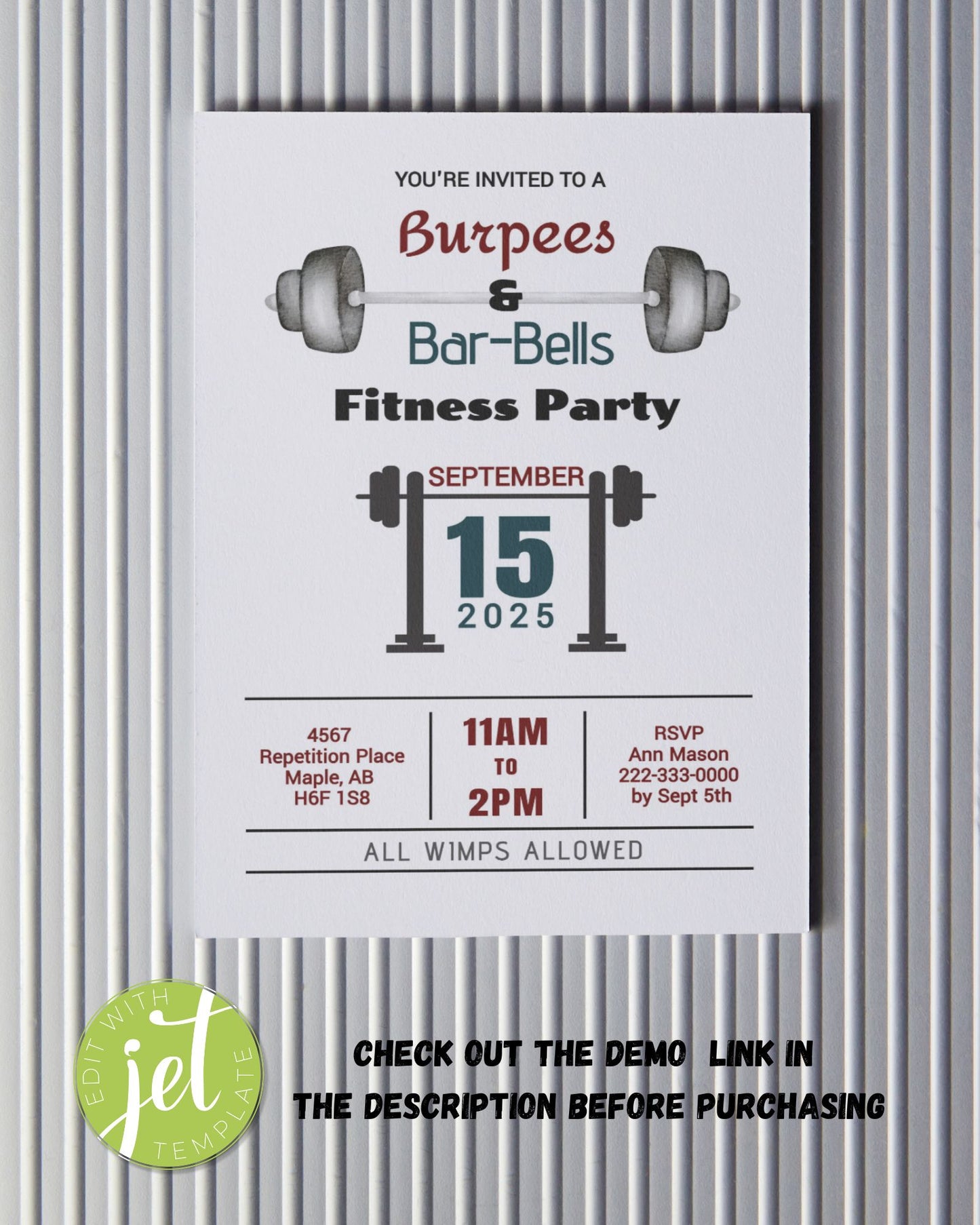 Burpees and Barbells Fitness Party Invitation - Editable Template