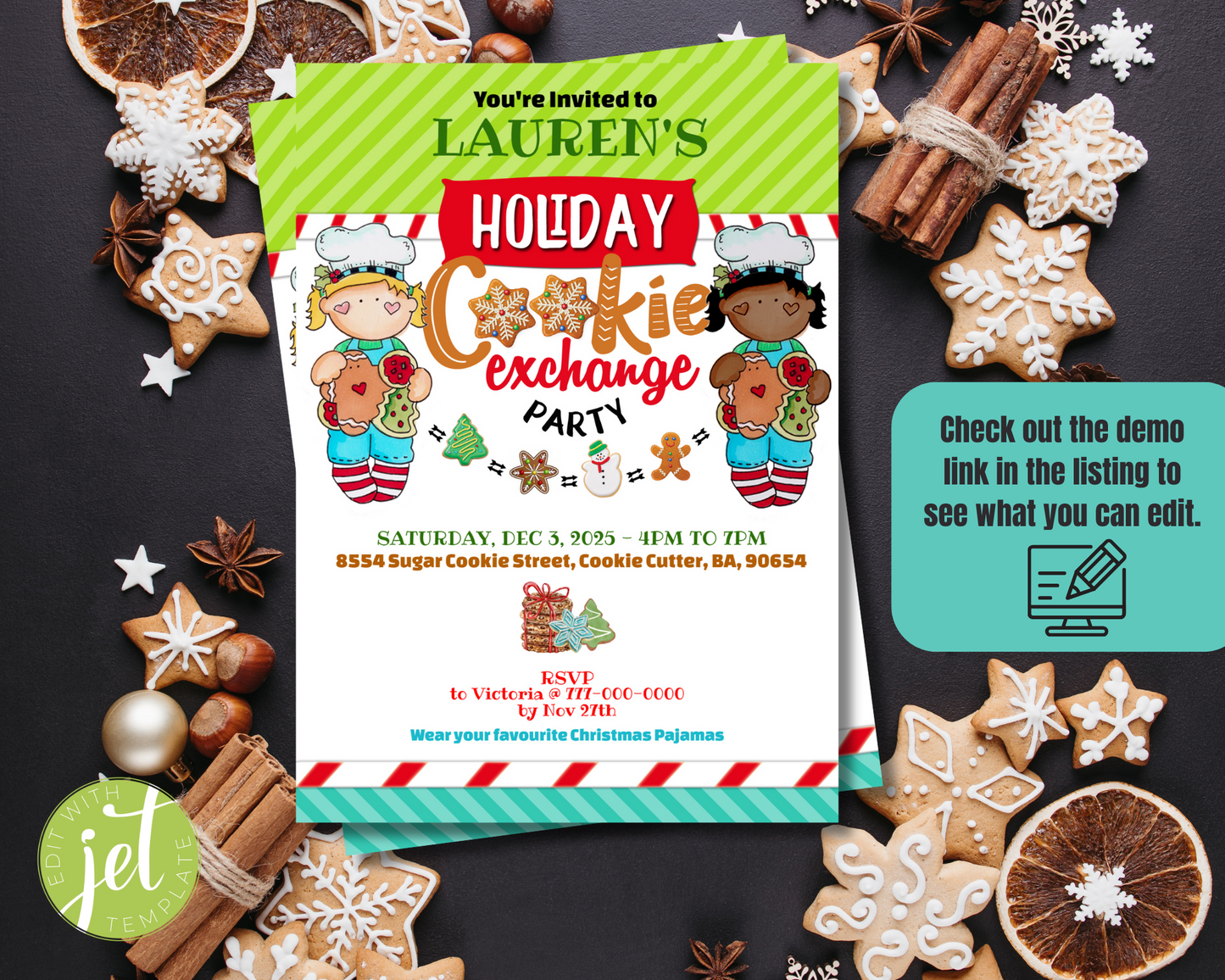 Christmas Cookie Exchange Party Invitation - Size 5x7, Editable Template