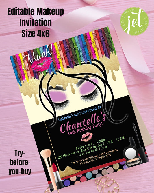 Glam/Makeup Party Invitation, Glamour Party  Size 5x7, Editable Template