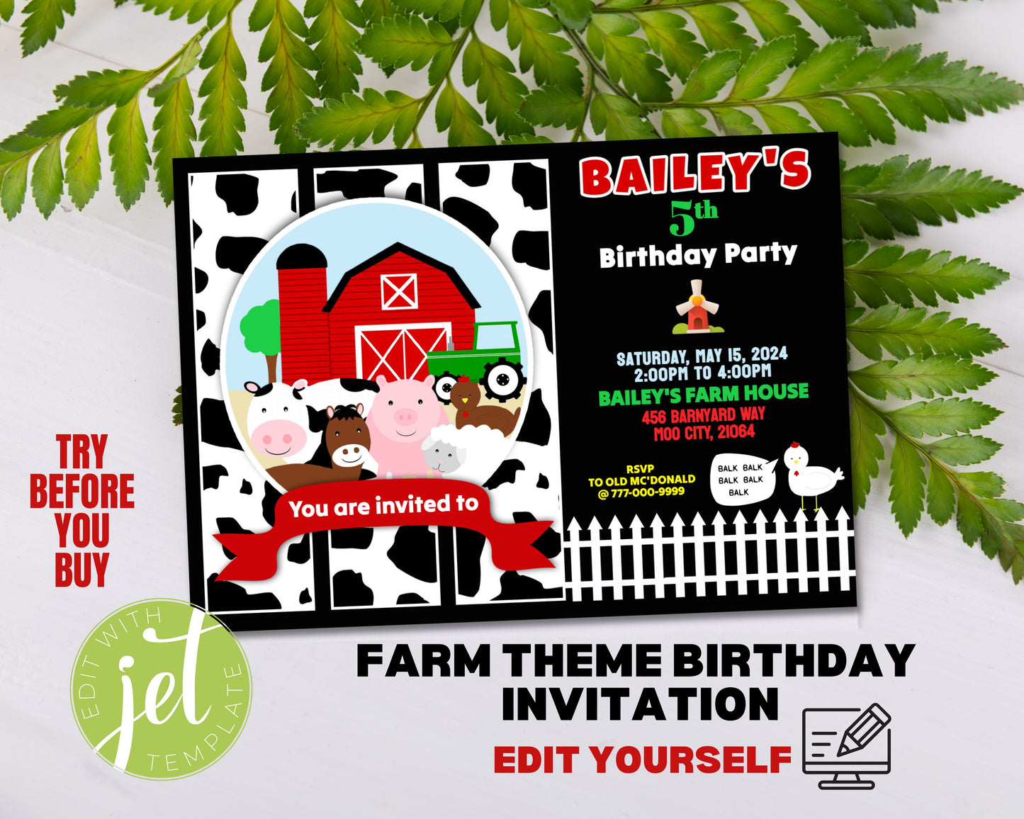 Farm Theme Birthday Invitation, Kid's Birthday Party, Animal Birthday - Size 7x5, Editable Template