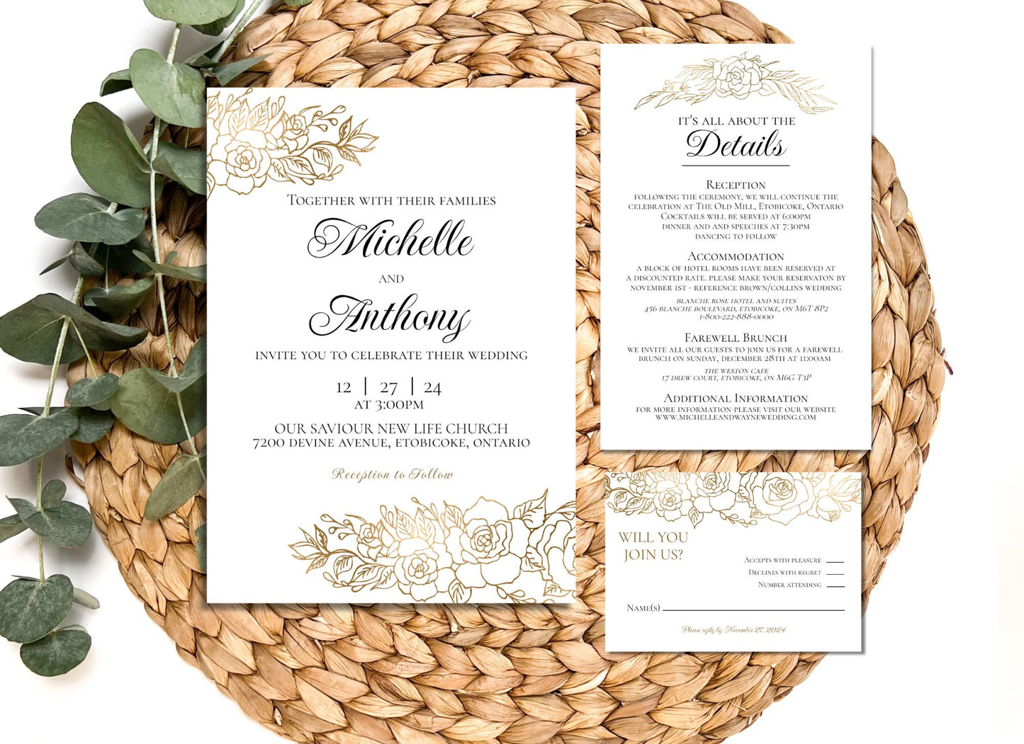 Bronze Flower Editable Wedding Set, Anniversary Set, Wedding Invitation - Editable Templates