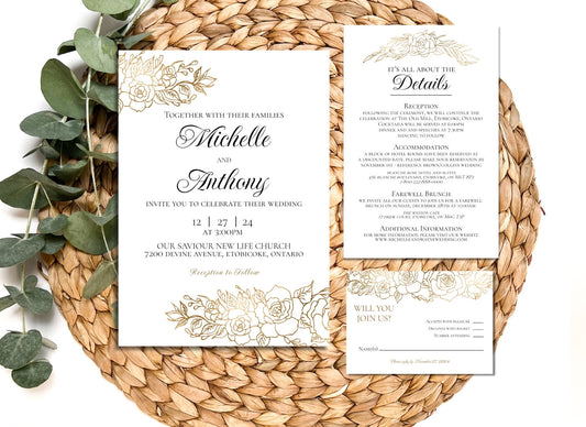 Bronze Flower Editable Wedding Set, Anniversary Set, Wedding Invitation - Editable Templates