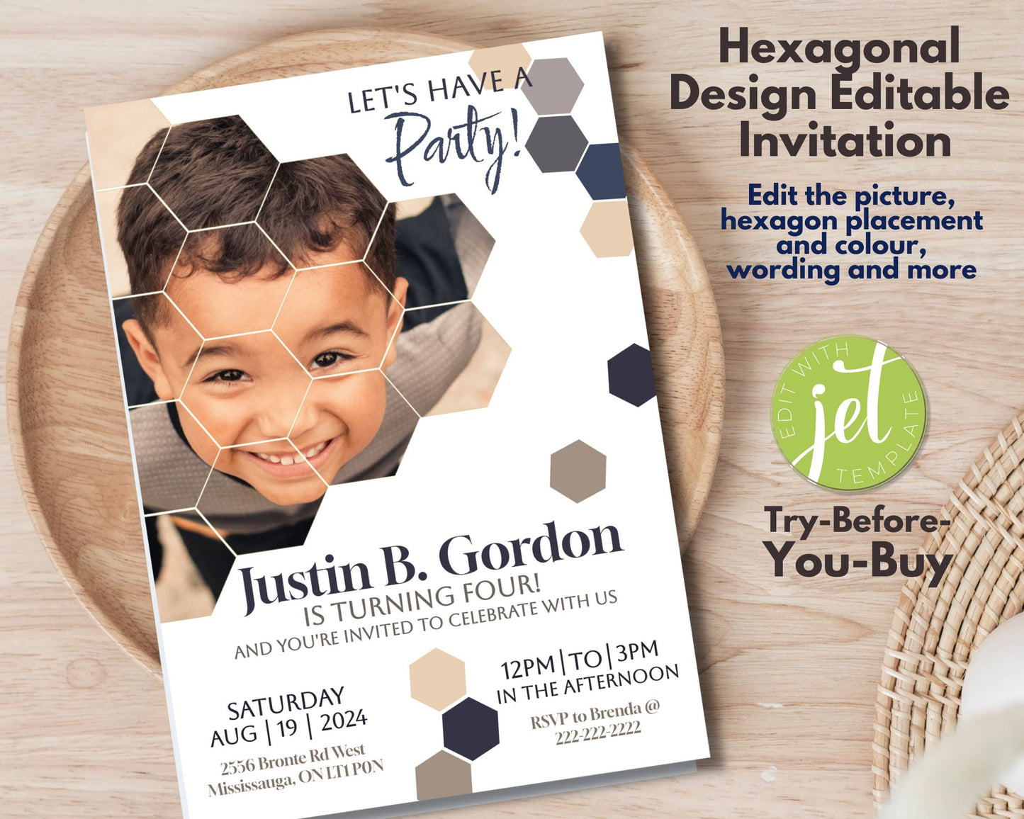 Hexagon Invitation, Birthday Invitation, Shapes Party Invitation, Kid's Birthday Invitation -Size 5x7, Editable Template