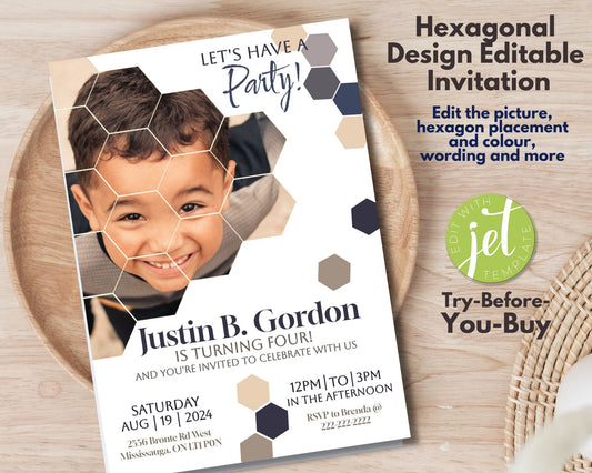 Hexagon Invitation, Birthday Invitation, Shapes Party Invitation, Kid's Birthday Invitation -Size 5x7, Editable Template