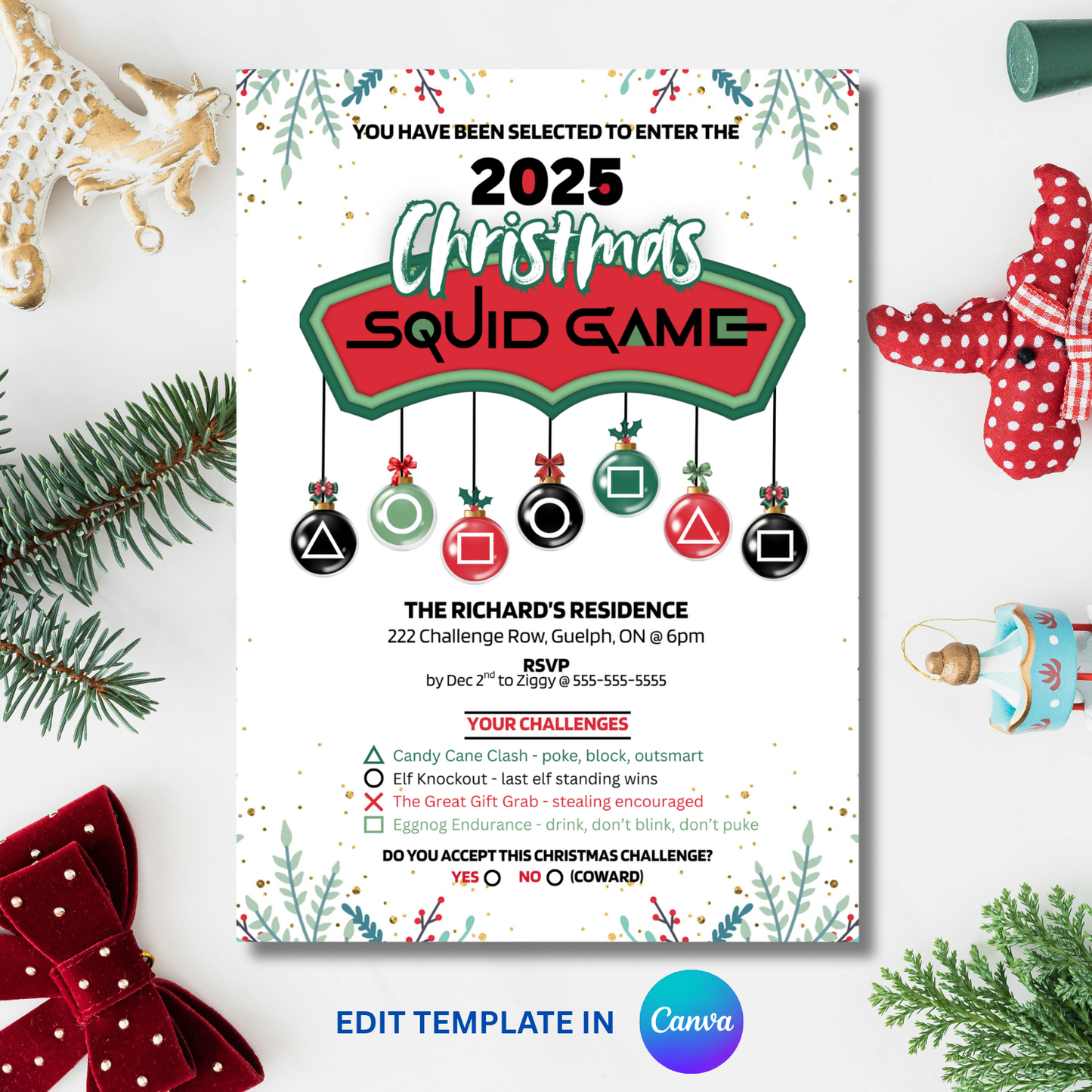 Christmas Squid Game Party Invitation Template