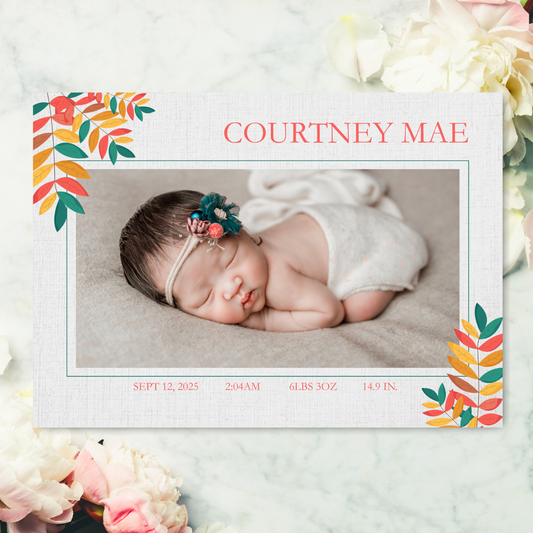 Colourful Leaves Baby Photo Announcement Card Template